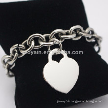 Stainless Steel Blank Silver Love Heart Charm Chain Bracelet